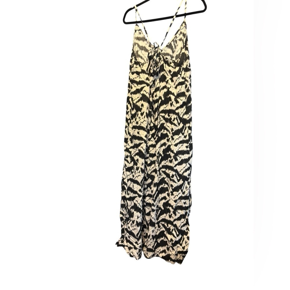 Old Navy Black White Printed Maxi Dress Tie Straps with Side Slits Size XL